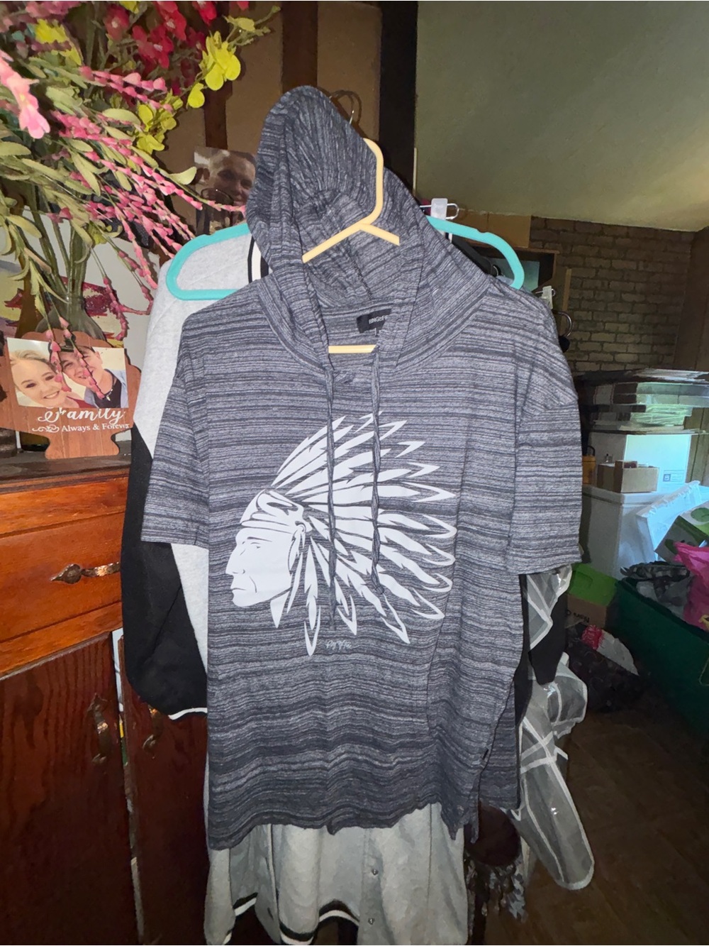 Heather Gray Hooded Short-Sleeve Top with Graphic Ring of Fire